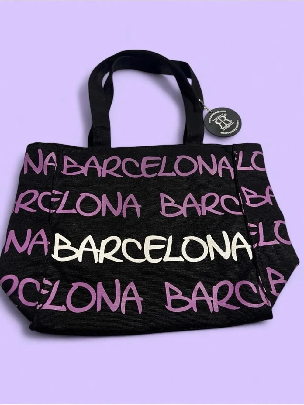 Robin Ruth Black Tote with Purple & White Barcelona Script